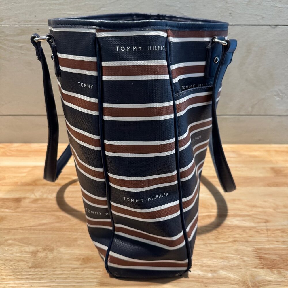 Tommy Hilfiger Blue White Reddish Brown Stripes Tote Shoulder Bag Large Purse - Picture 3 of 10